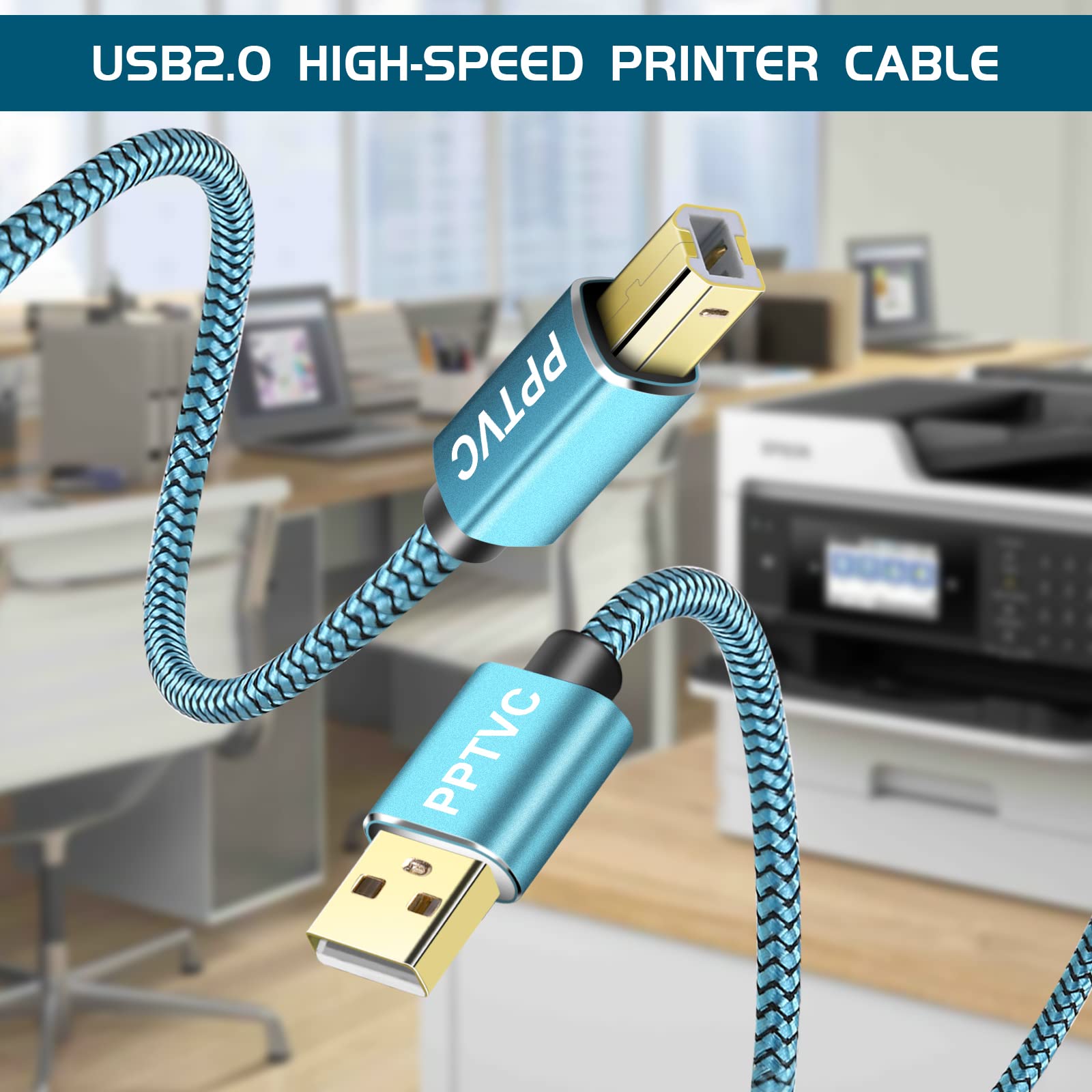 Pptvc Printer Cable 40Ft, Usb Printer Cord 2.0 Type A Male To B Male Cable Scanner Cord High Speed Compatible With Hp, Canon, Dell, Epson, Xerox, Samsung And More